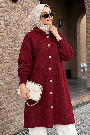 Kapüşonlu Düğmeli Uzun Bordo Sakal Angora Tesettür Triko Hırka 251424BR - N.S NEVA STYLE