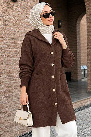 Cardigan long en maille à capuche à boutons longue Sakal en angora – Marron 251424KH - N.S NEVA STYLE