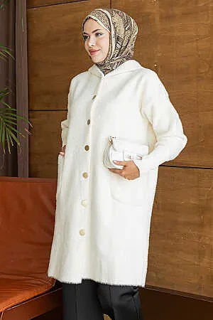 Kapüşonlu Düğmeli Uzun Krem Sakal Angora Tesettür Triko Hırka 251424KR - N.S NEVA STYLE