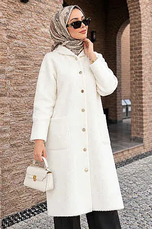Kapüşonlu Düğmeli Uzun Krem Sakal Angora Tesettür Triko Hırka 251424KR - N.S NEVA STYLE