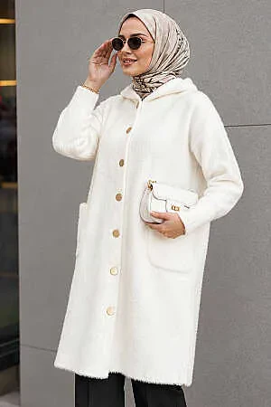 Kapüşonlu Düğmeli Uzun Krem Sakal Angora Tesettür Triko Hırka 251424KR - N.S NEVA STYLE