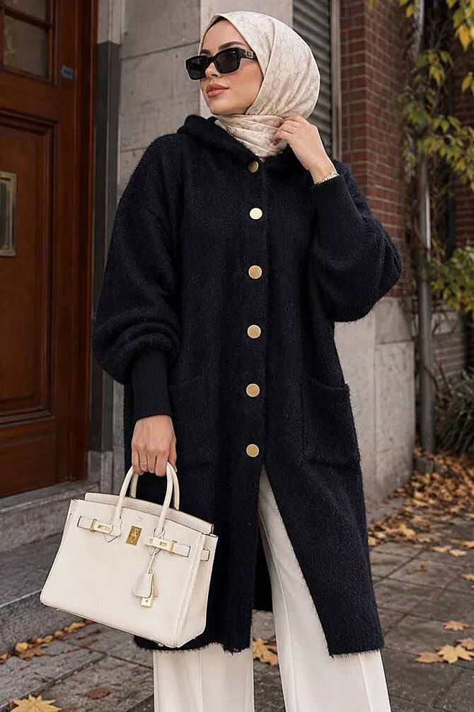 Kapüşonlu Düğmeli Uzun Siyah Sakal Angora Tesettür Triko Hırka 251424S - N.S NEVA STYLE