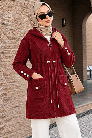 Kapüşonlu Fermuarlı Gold Düğme Detaylı Sakal Angora Bordo Tesettür Hırka 251447BR - N.S NEVA STYLE