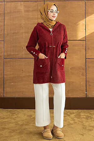 Kapüşonlu Fermuarlı Gold Düğme Detaylı Sakal Angora Bordo Tesettür Hırka 251447BR - 4