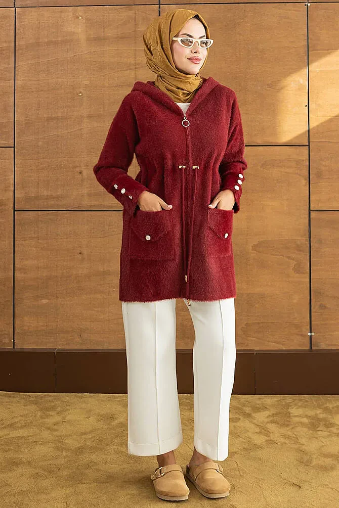 Kapüşonlu Fermuarlı Gold Düğme Detaylı Sakal Angora Bordo Tesettür Hırka 251447BR - 4