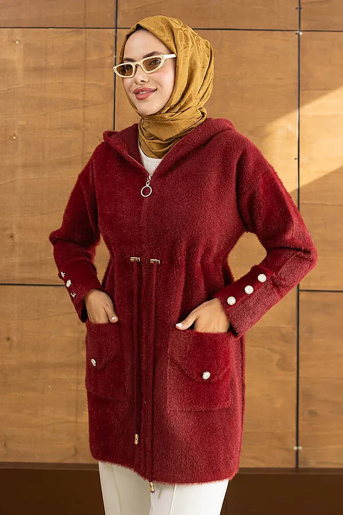Kapüşonlu Fermuarlı Gold Düğme Detaylı Sakal Angora Bordo Tesettür Hırka 251447BR - 2