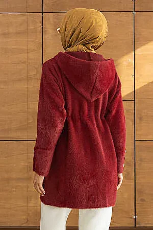 Kapüşonlu Fermuarlı Gold Düğme Detaylı Sakal Angora Bordo Tesettür Hırka 251447BR - 6
