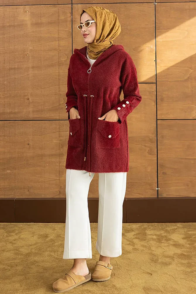 Kapüşonlu Fermuarlı Gold Düğme Detaylı Sakal Angora Bordo Tesettür Hırka 251447BR - 5