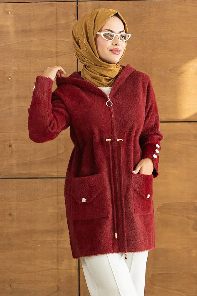 Kapüşonlu Fermuarlı Gold Düğme Detaylı Sakal Angora Bordo Tesettür Hırka 251447BR - 3