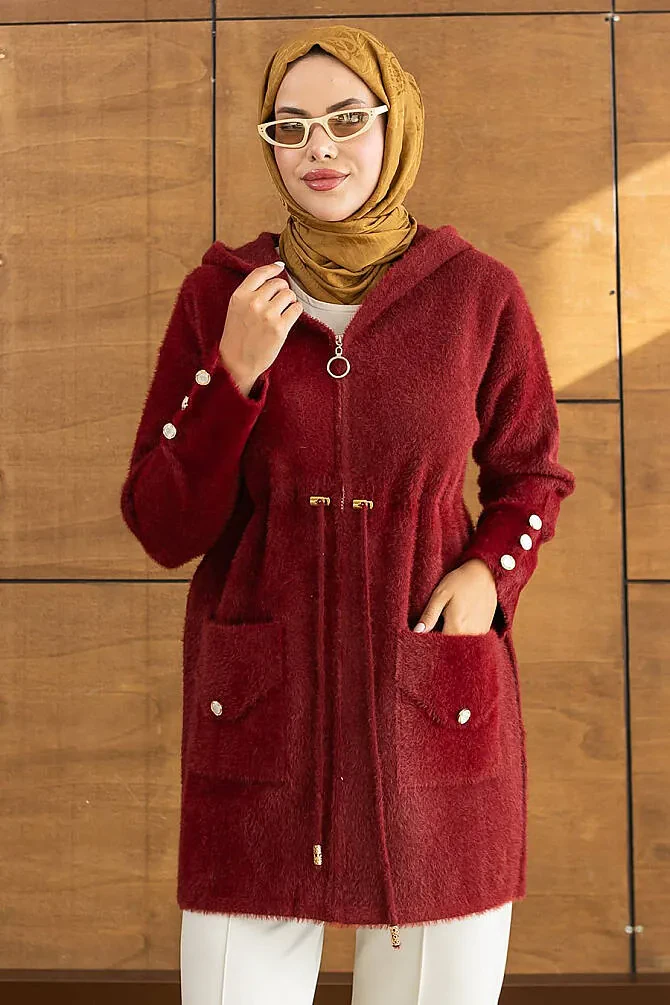 Kapüşonlu Fermuarlı Gold Düğme Detaylı Sakal Angora Bordo Tesettür Hırka 251447BR - 1