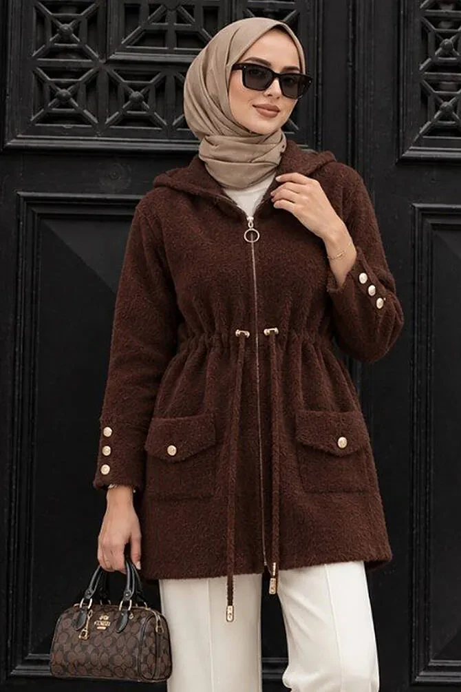 Kapüşonlu Fermuarlı Gold Düğme Detaylı Sakal Angora Kahverengi Tesettür Hırka 251447KH - 1