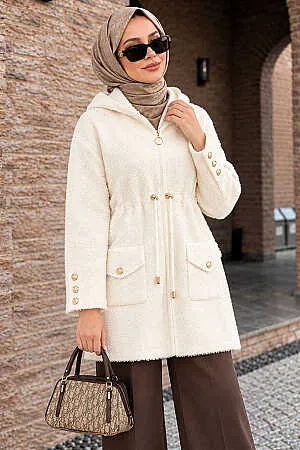 Kapüşonlu Fermuarlı Gold Düğme Detaylı Sakal Angora Krem Tesettür Hırka 251447KR - N.S NEVA STYLE