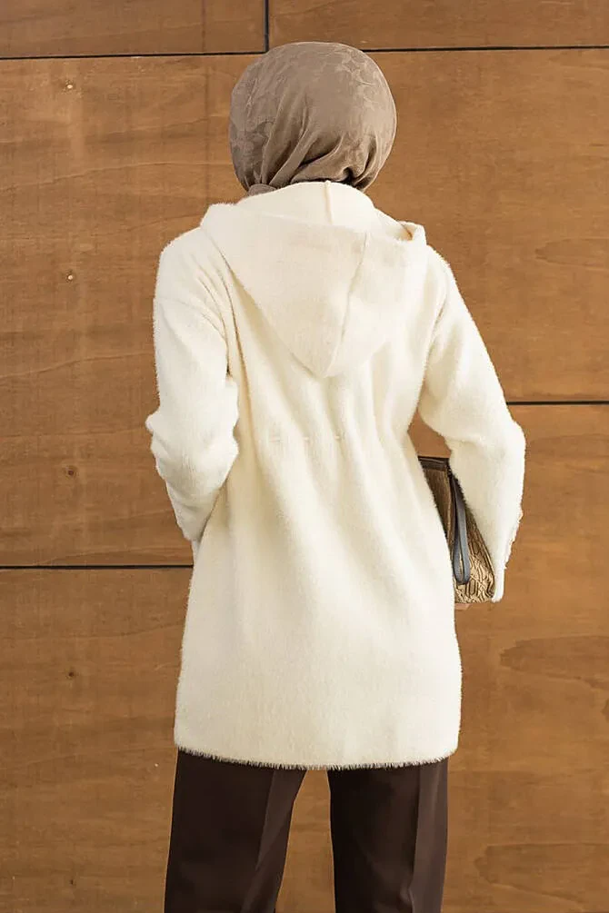 Kapüşonlu Fermuarlı Gold Düğme Detaylı Sakal Angora Krem Tesettür Hırka 251447KR - 2