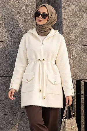 Kapüşonlu Fermuarlı Gold Düğme Detaylı Sakal Angora Krem Tesettür Hırka 251447KR - N.S NEVA STYLE