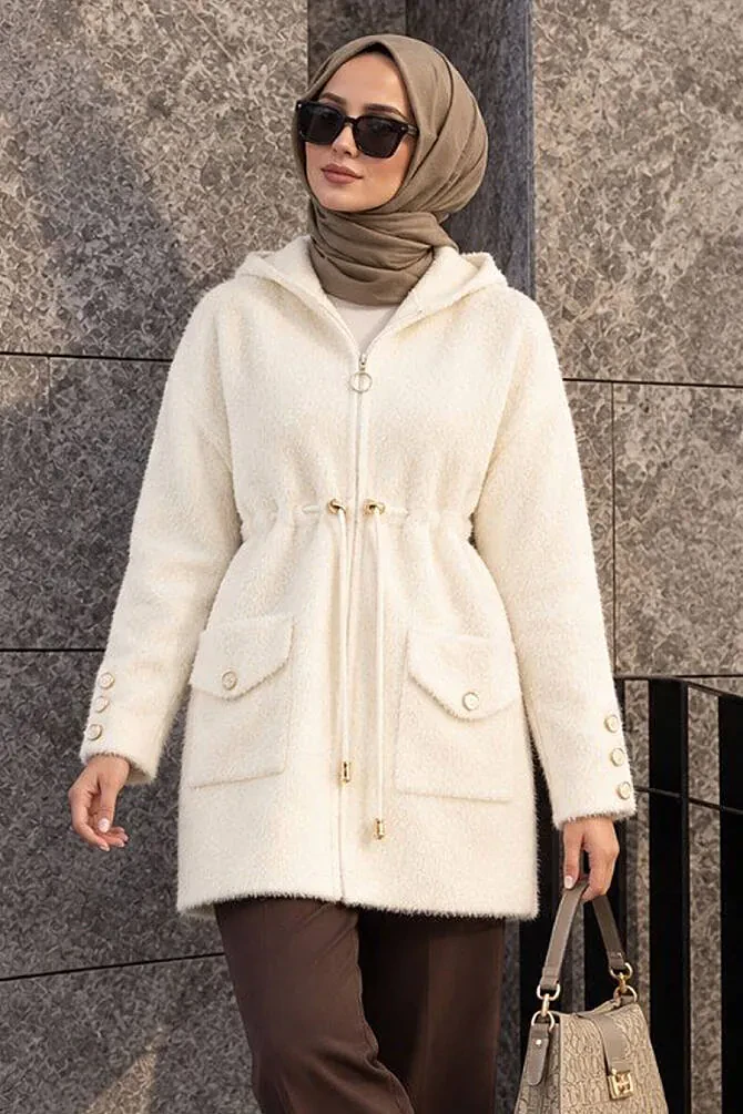 Kapüşonlu Fermuarlı Gold Düğme Detaylı Sakal Angora Krem Tesettür Hırka 251447KR - 1