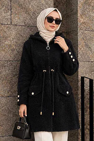 Kapüşonlu Fermuarlı Gold Düğme Detaylı Sakal Angora Siyah Tesettür Hırka 251447S - N.S NEVA STYLE