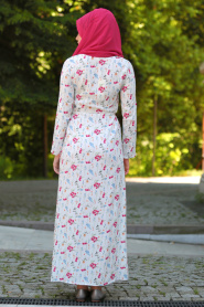 Karanfil Çiçekli Fuşya Tesettürlü Elbise 5354F - Thumbnail
