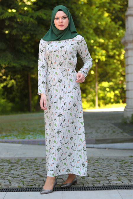 Karanfil Çiçekli Yeşil Tesettürlü Elbise 5354Y