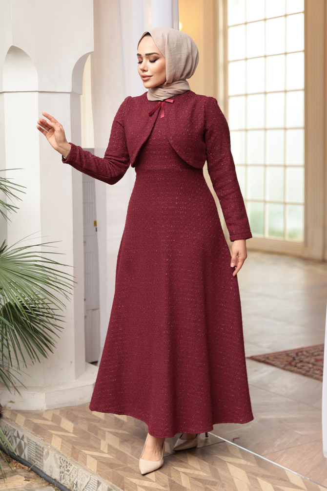 Kareli Bordo Tüvit Tesettür Elbise 62512BR - 1