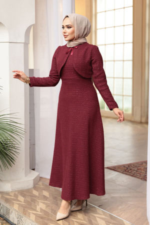 Kareli Bordo Tüvit Tesettür Elbise 62512BR - 2