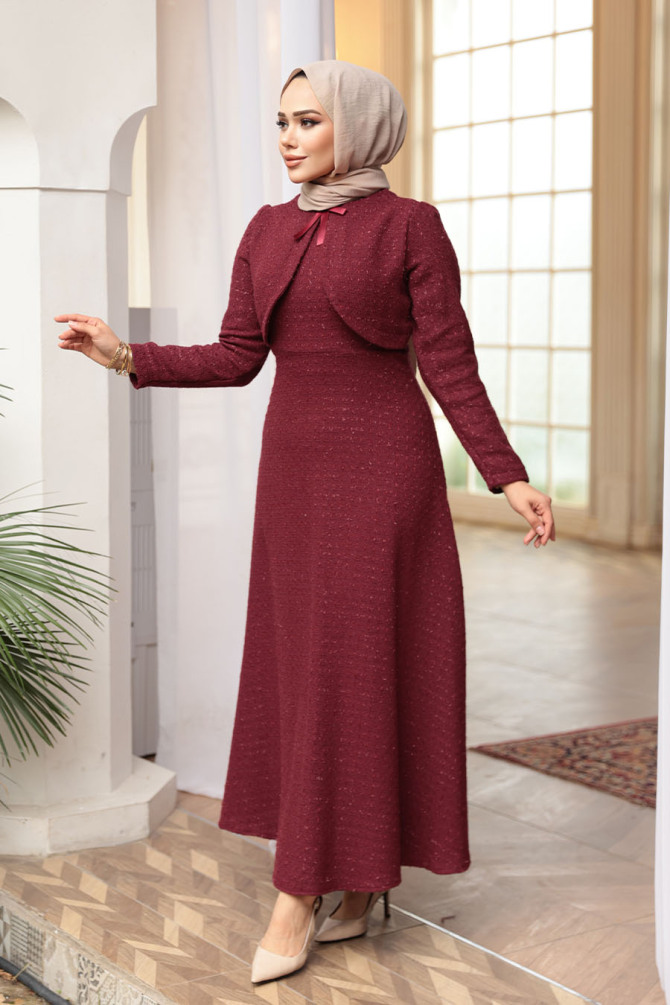 Kareli Bordo Tüvit Tesettür Elbise 62512BR - 2