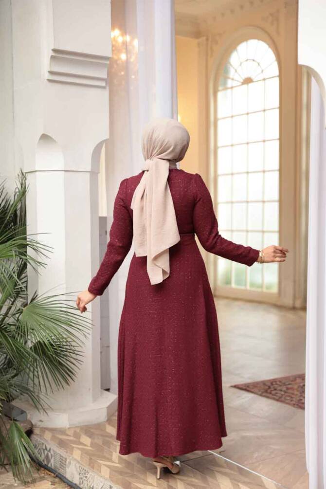Kareli Bordo Tüvit Tesettür Elbise 62512BR - 3