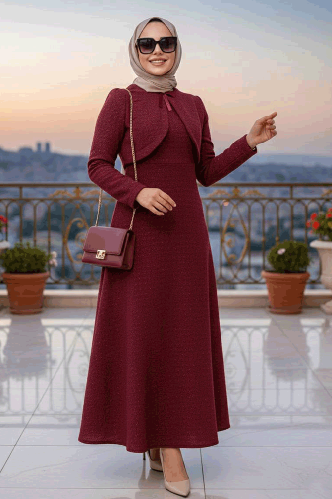Kareli Bordo Tüvit Tesettür Elbise 62512BR - 1