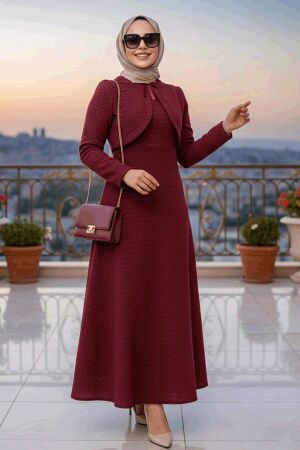 Kareli Bordo Tüvit Tesettür Elbise 62512BR 