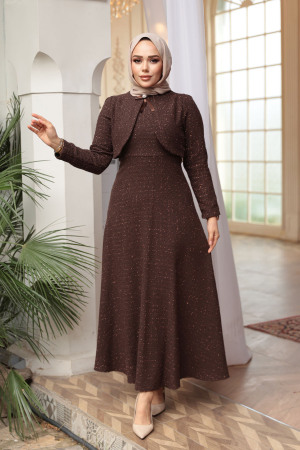 Kareli Kahverengi Tüvit Tesettür Elbise 62512KH - 2