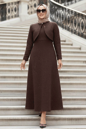Kareli Kahverengi Tüvit Tesettür Elbise 62512KH - N.S NEVA STYLE