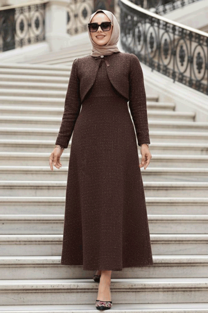 Kareli Kahverengi Tüvit Tesettür Elbise 62512KH - 1