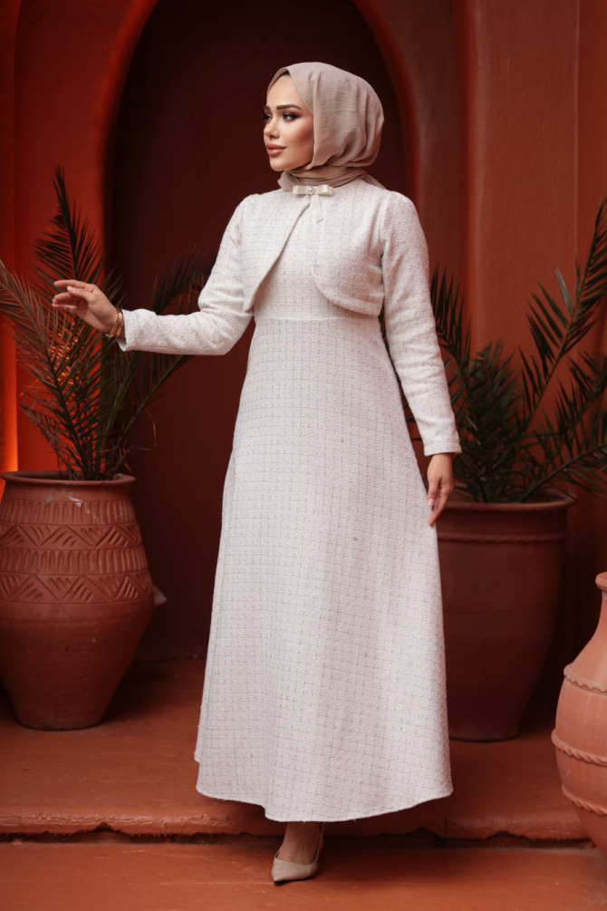 Kareli Krem Tüvit Tesettür Elbise 62512KR - N.S NEVA STYLE