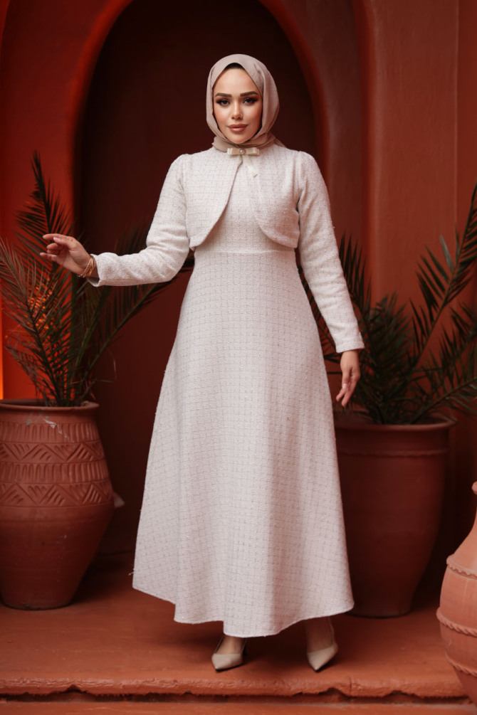 Kareli Krem Tüvit Tesettür Elbise 62512KR - 2