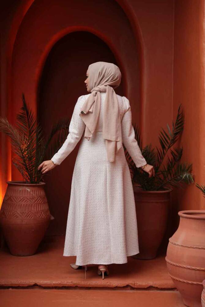 Kareli Krem Tüvit Tesettür Elbise 62512KR - 3