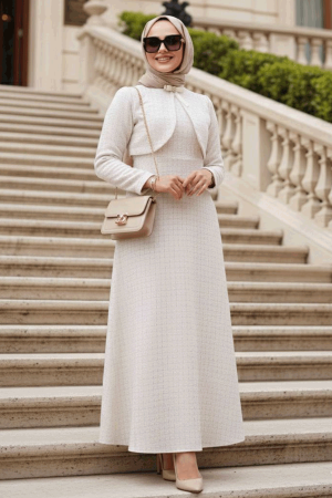 Kareli Krem Tüvit Tesettür Elbise 62512KR - N.S NEVA STYLE