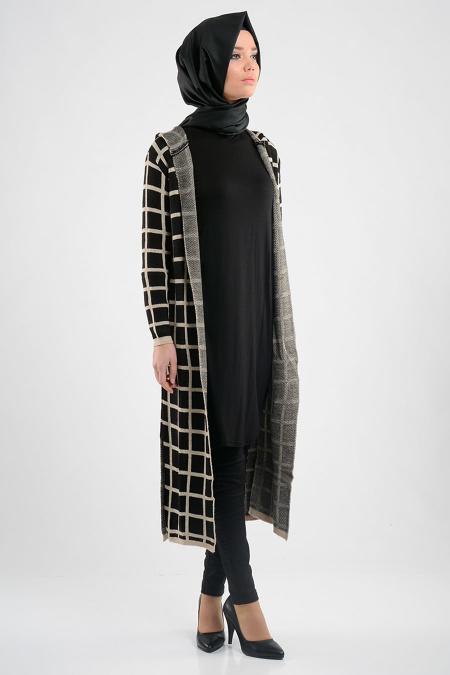 Kareli Siyah Triko Tesettür Hırka 3092S - 2