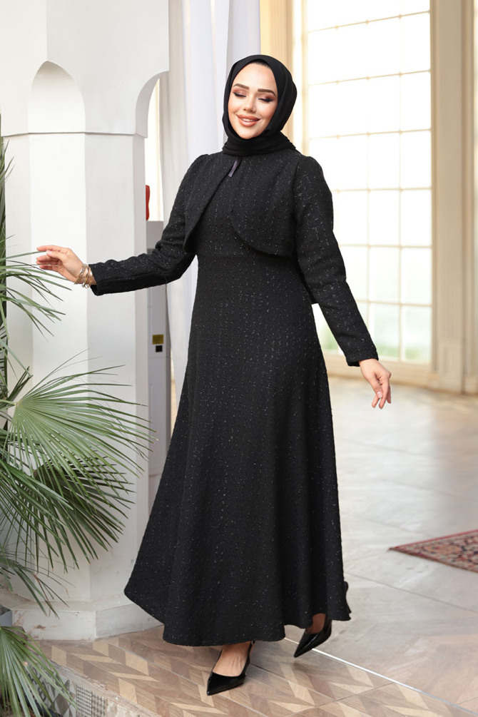 Kareli Siyah Tüvit Tesettür Elbise 62512S - N.S NEVA STYLE