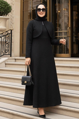 Kareli Siyah Tüvit Tesettür Elbise 62512S - N.S NEVA STYLE
