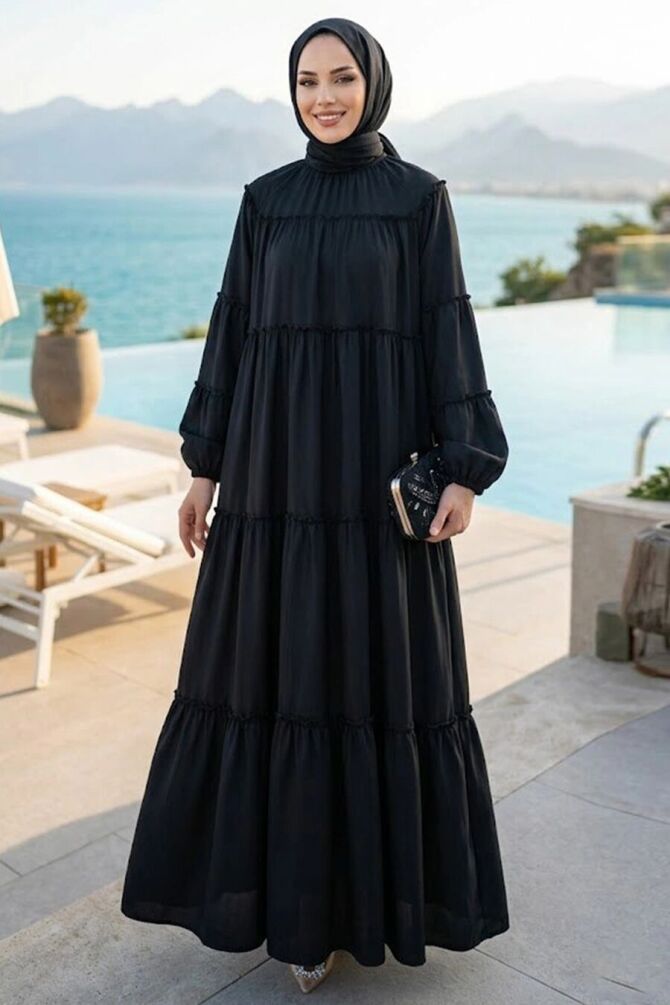 Kat Kat Gathered Black Modest Dress 40131S - 1
