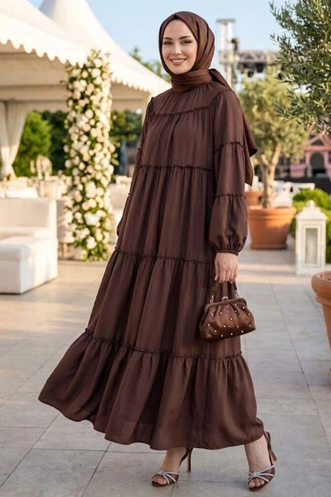 Kat Kat Gathered Dark Brown Modest Dress 40131KKH - 1