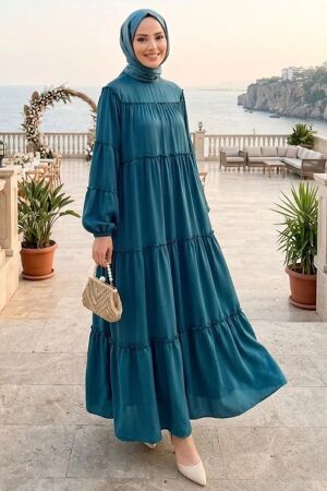 Kat Kat Gathered Petrol Green Modest Dress 40131PY 