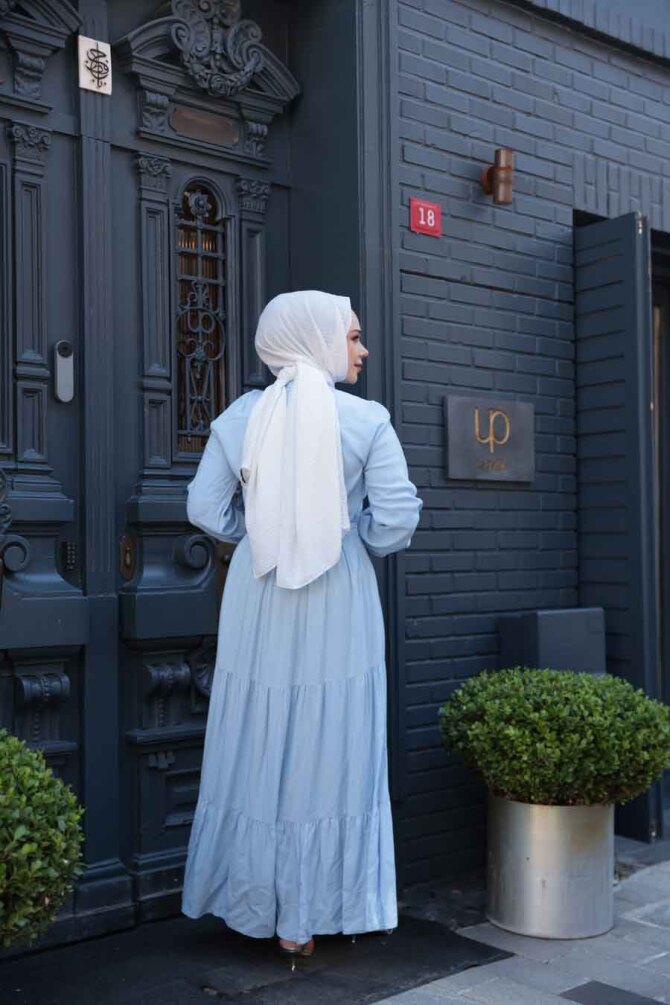 Kat Piliseli Bebek Mavisi Tesettür Elbise 22042BM - 5