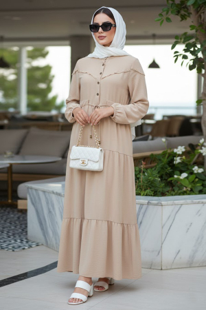 Kat Piliseli Bej Tesettür Elbise 10334BEJ 