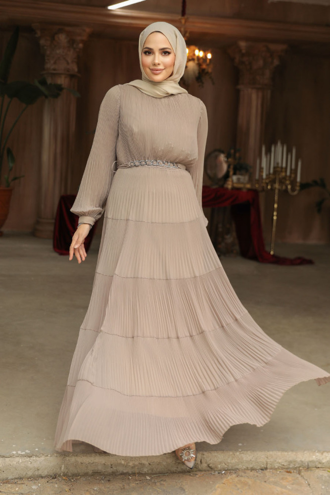 Kat Piliseli Bej Tesettür Elbise 44761BEJ - 2