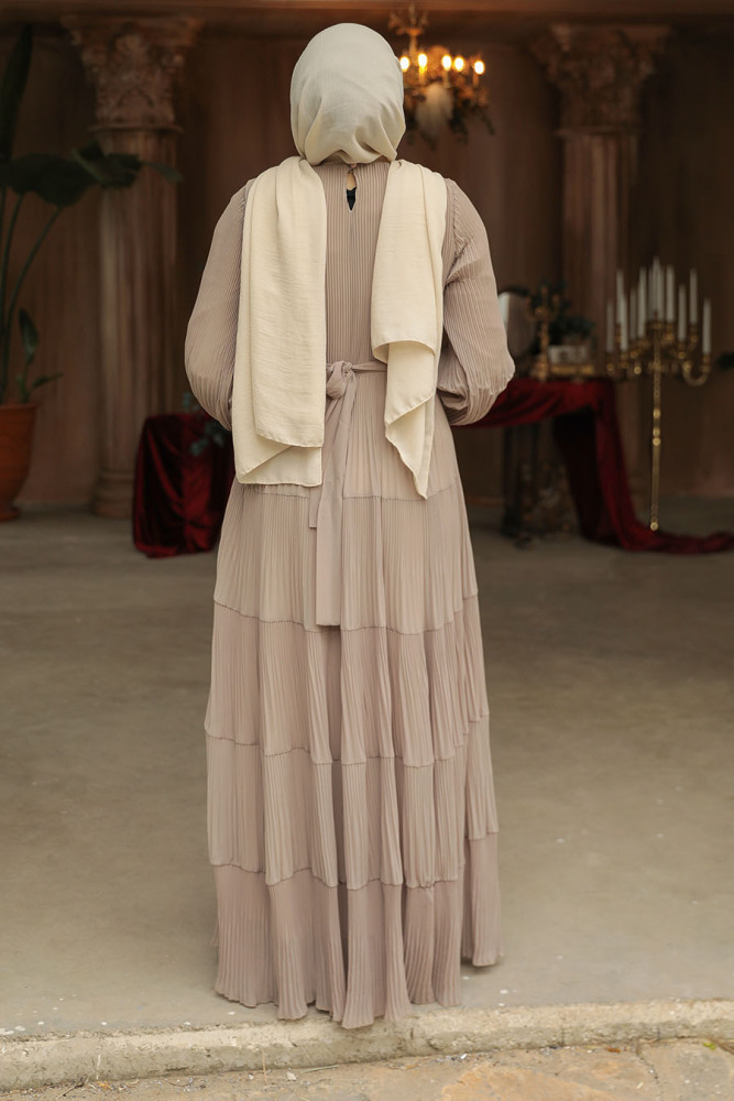 Kat Piliseli Bej Tesettür Elbise 44761BEJ - 4