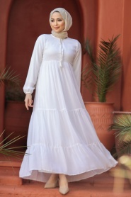 Kat Piliseli Beyaz Tesettür Elbise 22051B - Thumbnail