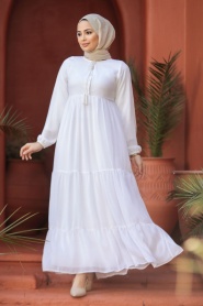 Kat Piliseli Beyaz Tesettür Elbise 22051B - Thumbnail