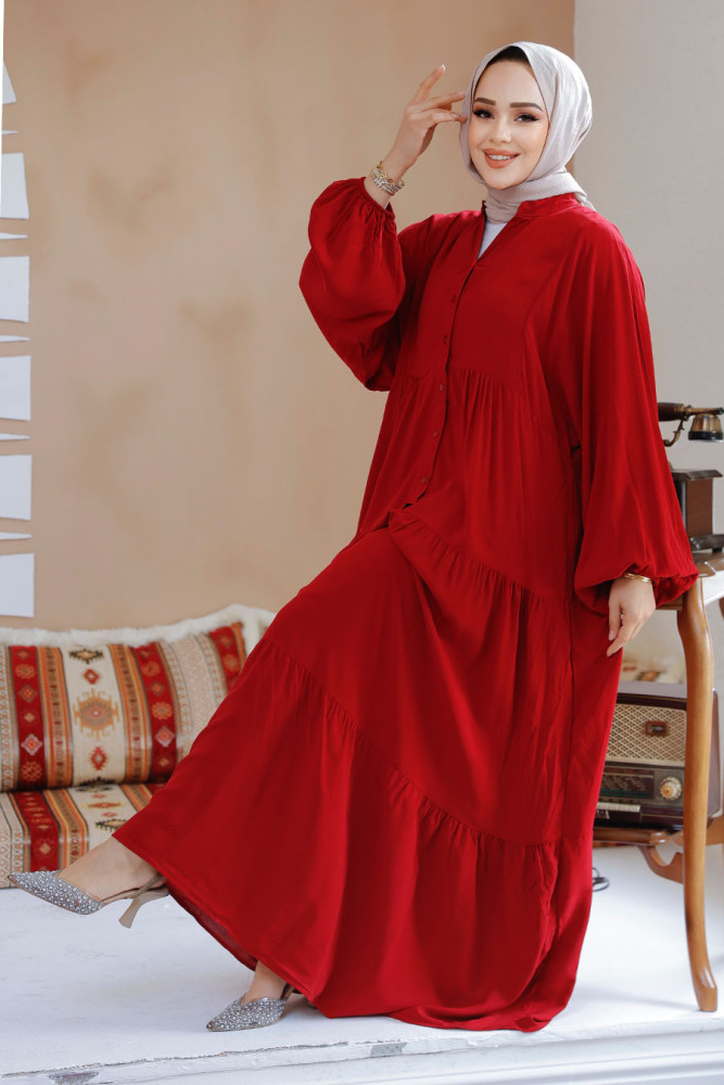 Kat Piliseli Bordo Tesettür Elbise 20612BR - 2