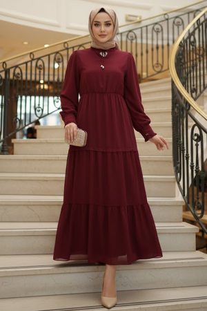Kat Piliseli Bordo Tesettür Elbise 6268BR 