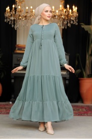 Kat Piliseli Çağla Yeşili Tesettür Elbise 22051CY - Thumbnail